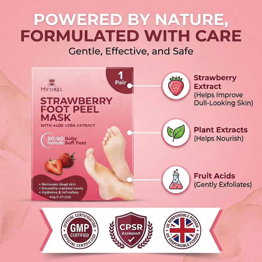 Hydrel Strawberry Foot Peel Mask – Exfoliating Foot Mask with Aloe Vera