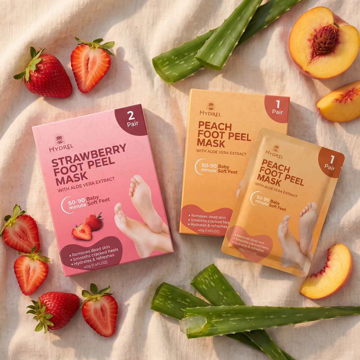 Hydrel Strawberry and Peach Foot Peel Masks with fresh fruit and aloe