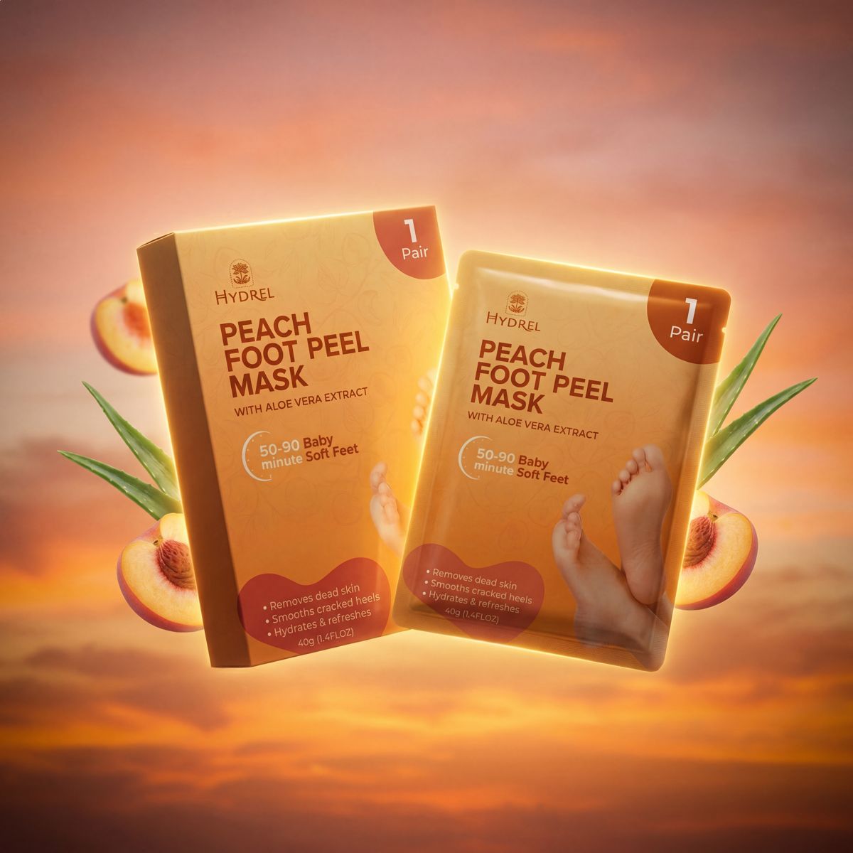 Hydrel Peach Foot Peel Mask boxes floating at sunset